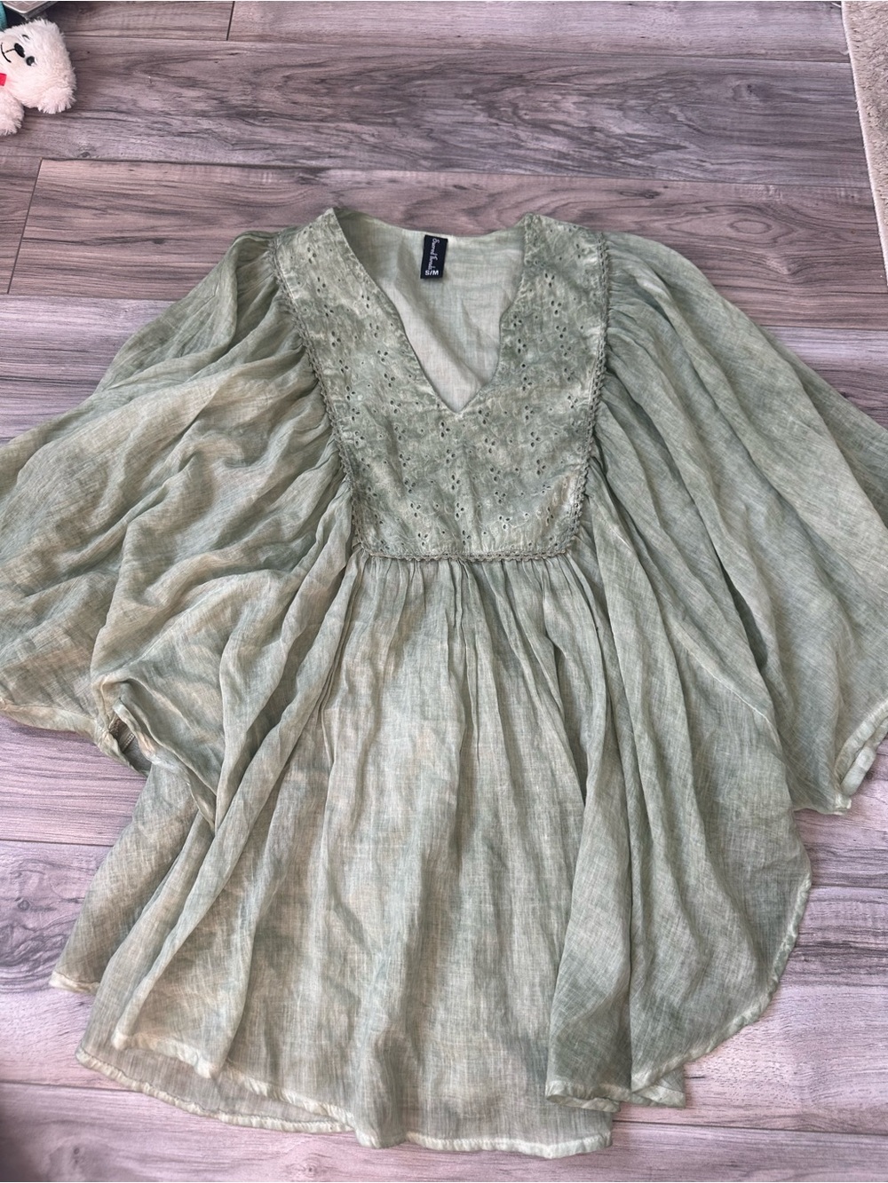 Sacred Threads Sage Green Gauzy Flowy Lace Embroidered Boho Tunic Cotton S/M